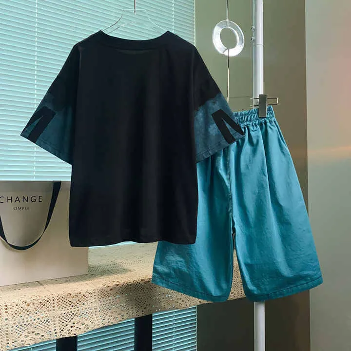 طقم أولاد مراهقين من القطن الأنيق شورت بأكمام قصيرة بدلة لأعمار 5-16 ملابس رياضية غير رسمية أطقم ملابس من قطعتين موضة الصيف Teenage Boys Fashion Cotton Short Sleeve Shorts Suit 5-16 Years Old Casual Sportswear 2 Piece Outfits Summer Fashion