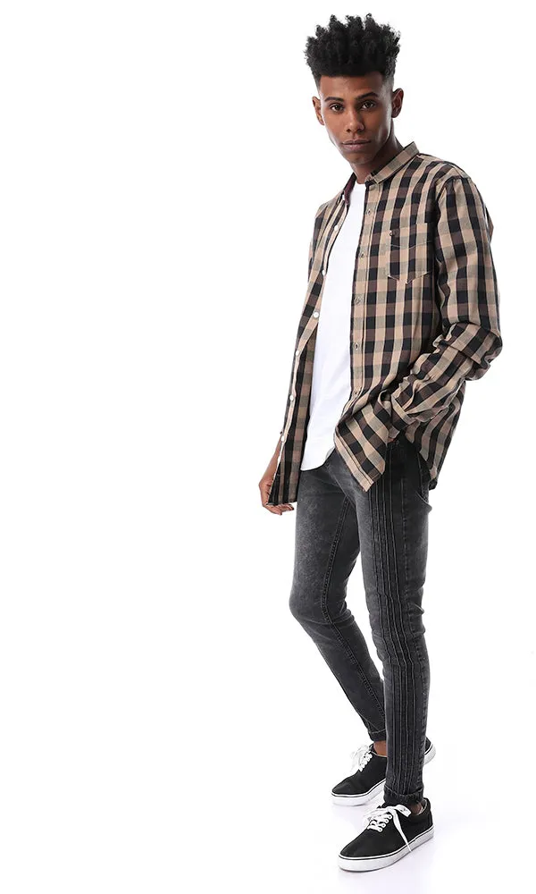 54072 Check Brown Turn Down Collar Shirt