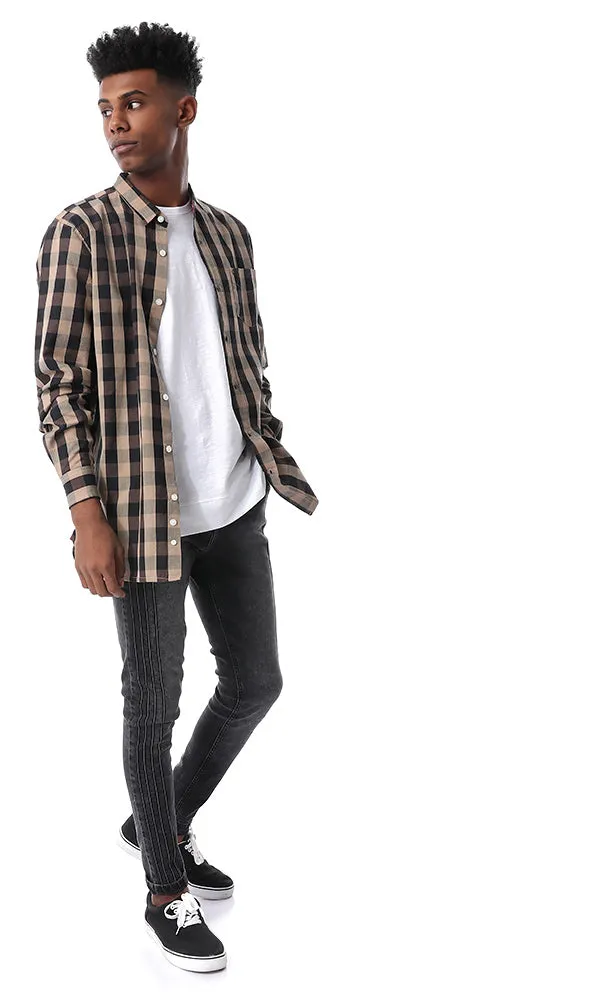 54072 Check Brown Turn Down Collar Shirt