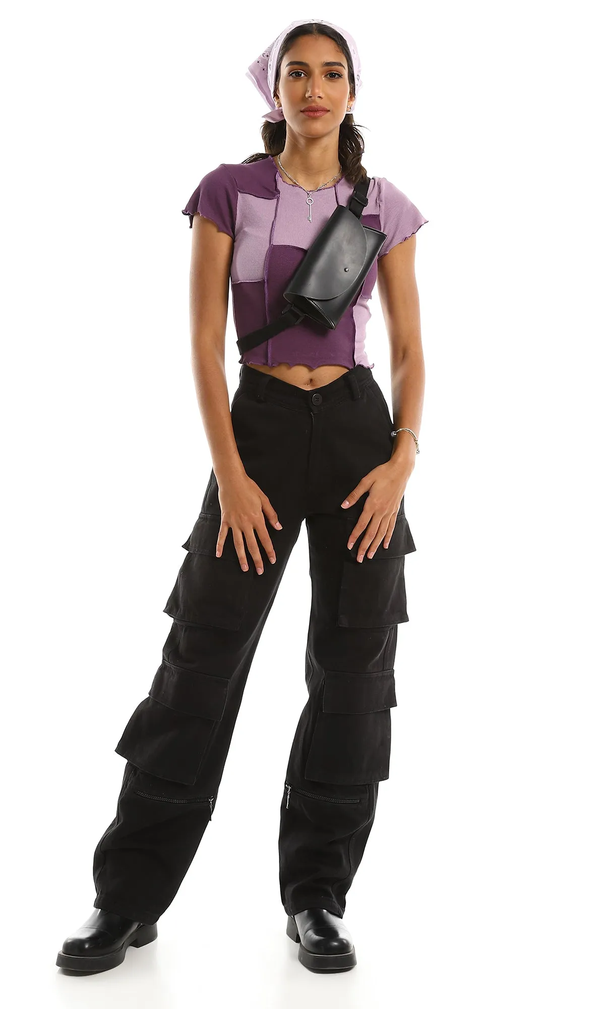 97595 Bi-Tone Fluffy Ribbed Cropped Top - Purple Shades