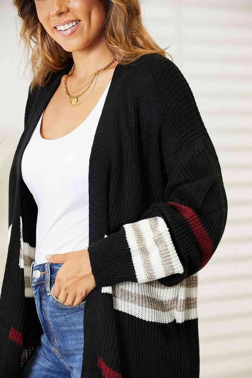Accompany Me Striped Rib-Knit Open Front Cardigan