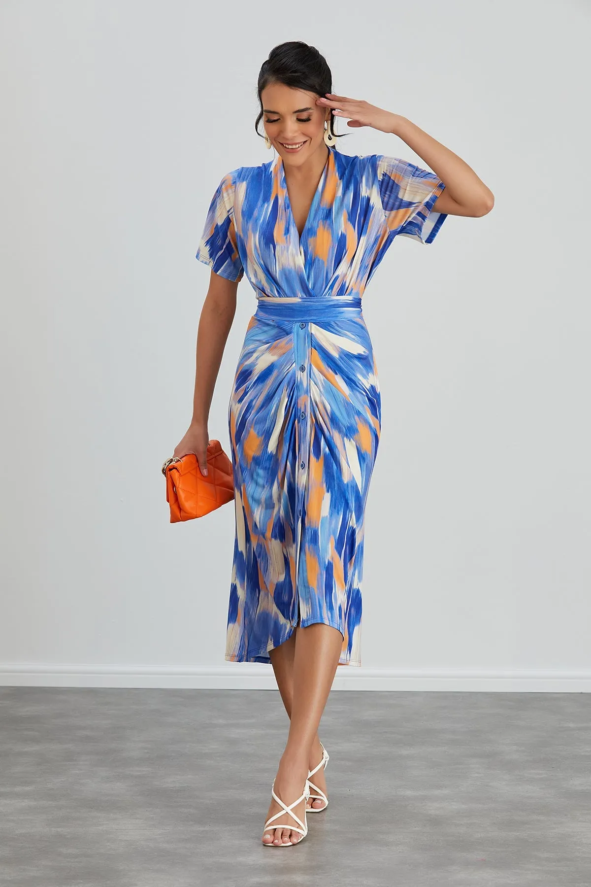 Angel Sleeve Wrap Shirt Midi Dress in Blue Dream print