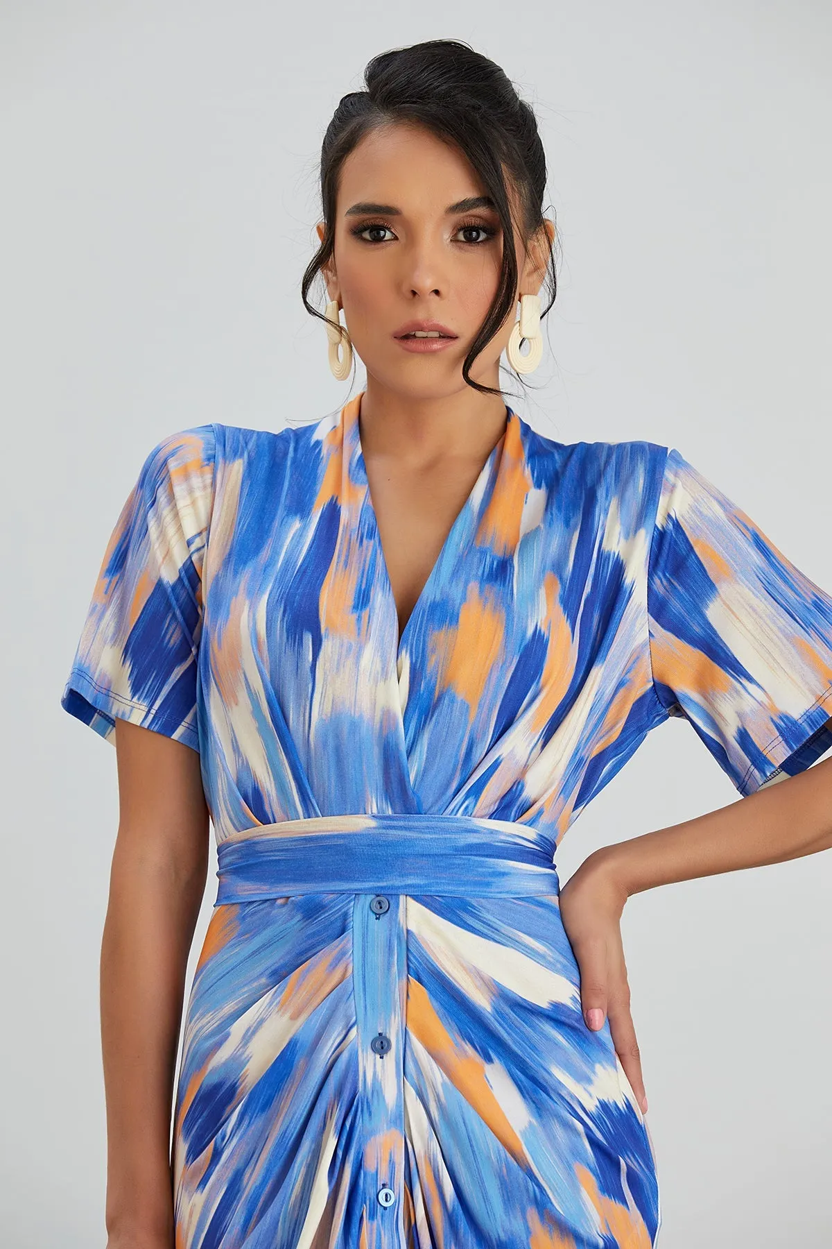 Angel Sleeve Wrap Shirt Midi Dress in Blue Dream print