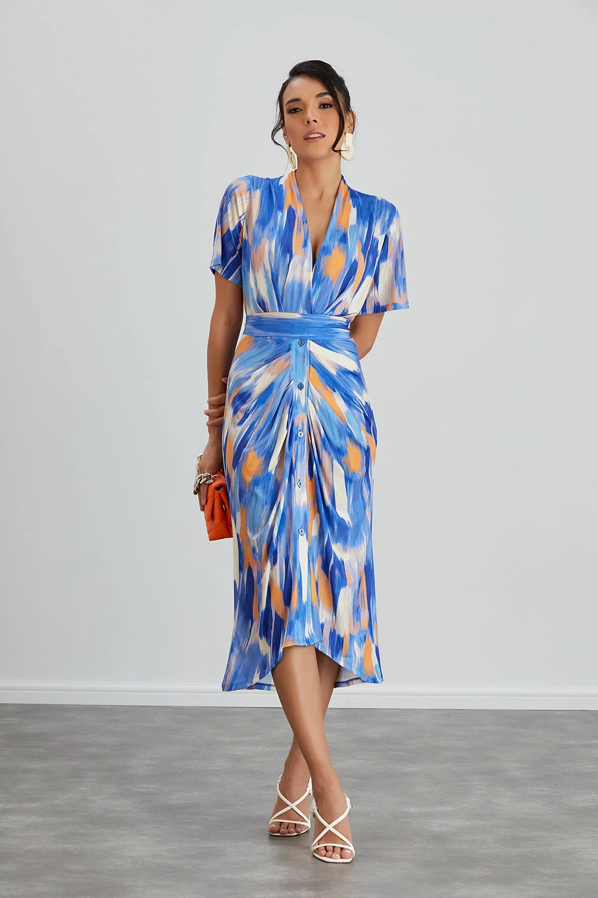 Angel Sleeve Wrap Shirt Midi Dress in Blue Dream print