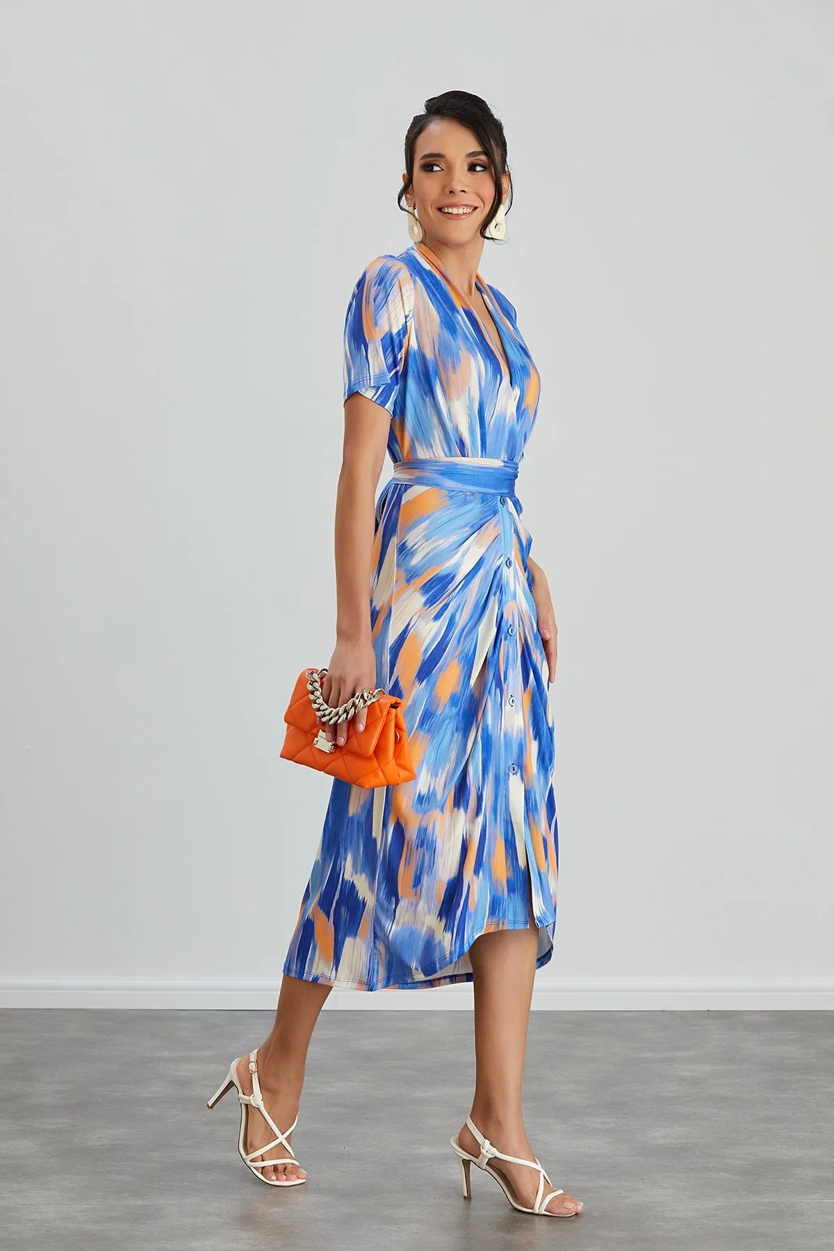 Angel Sleeve Wrap Shirt Midi Dress in Blue Dream print
