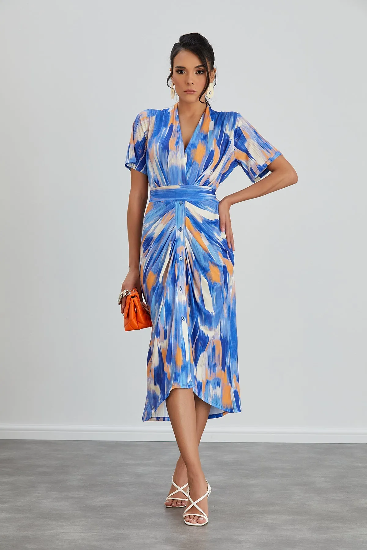 Angel Sleeve Wrap Shirt Midi Dress in Blue Dream print