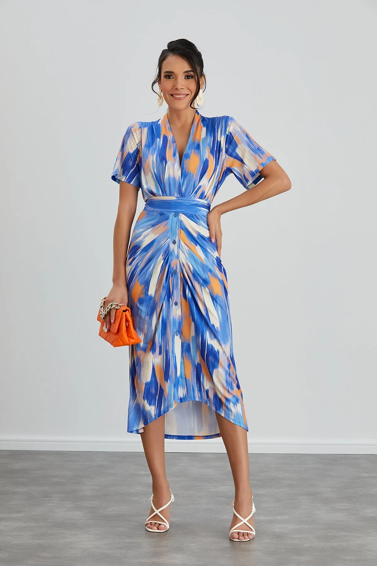 Angel Sleeve Wrap Shirt Midi Dress in Blue Dream print