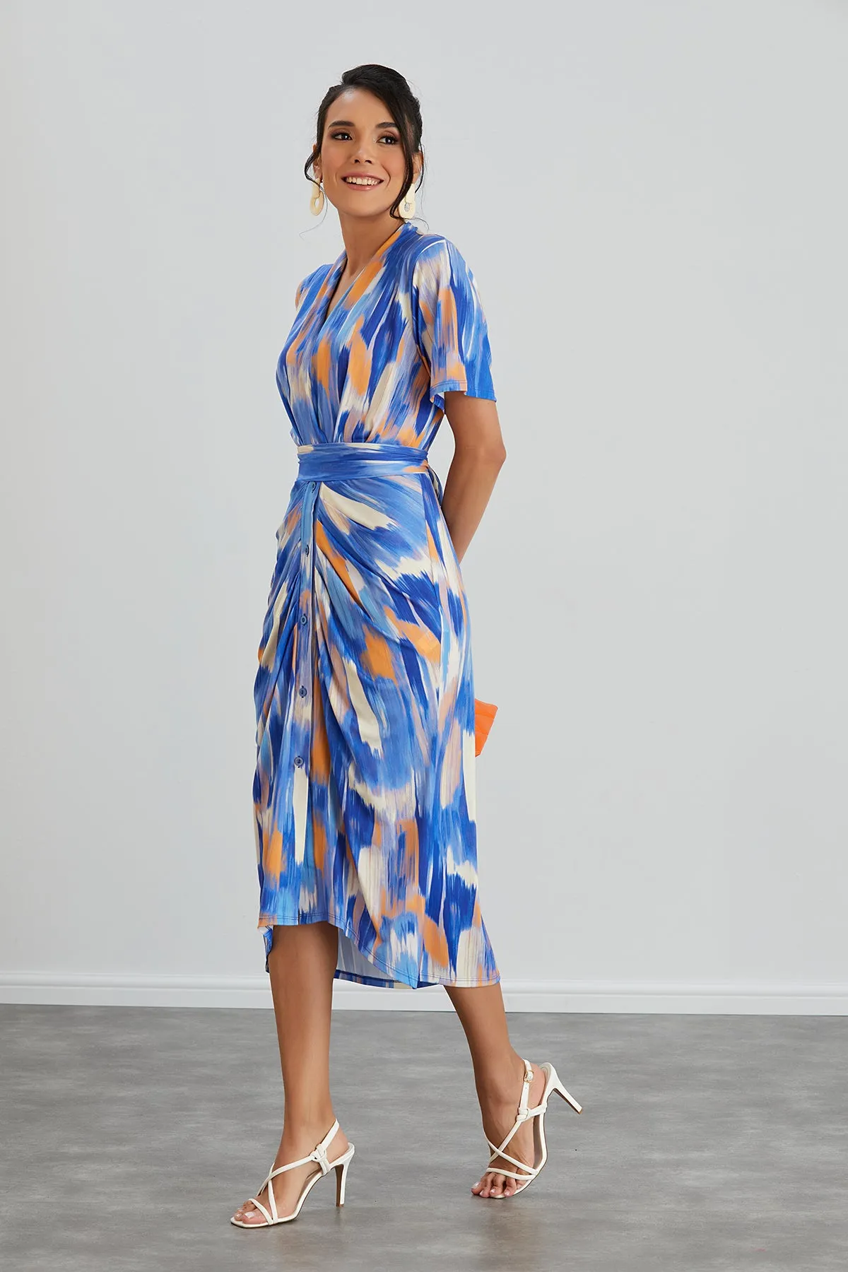 Angel Sleeve Wrap Shirt Midi Dress in Blue Dream print