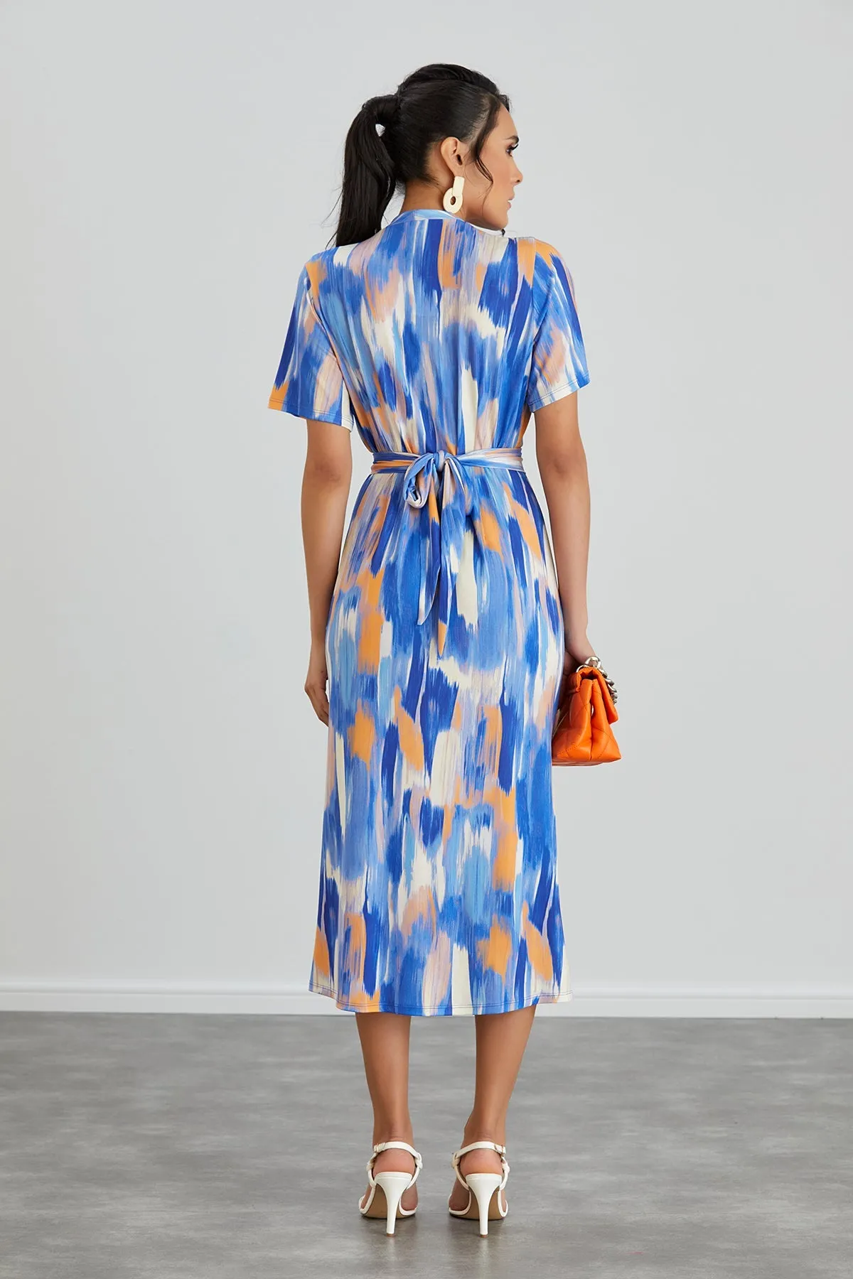 Angel Sleeve Wrap Shirt Midi Dress in Blue Dream print