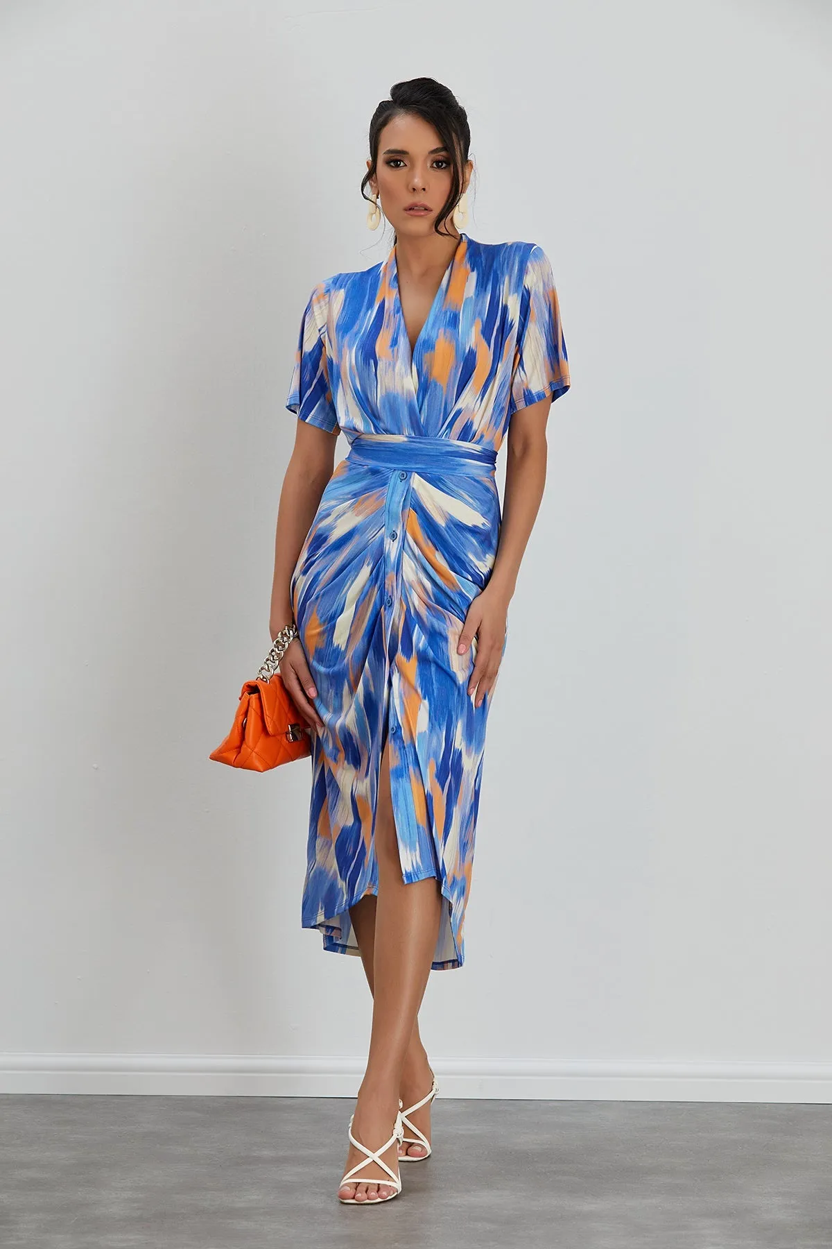 Angel Sleeve Wrap Shirt Midi Dress in Blue Dream print