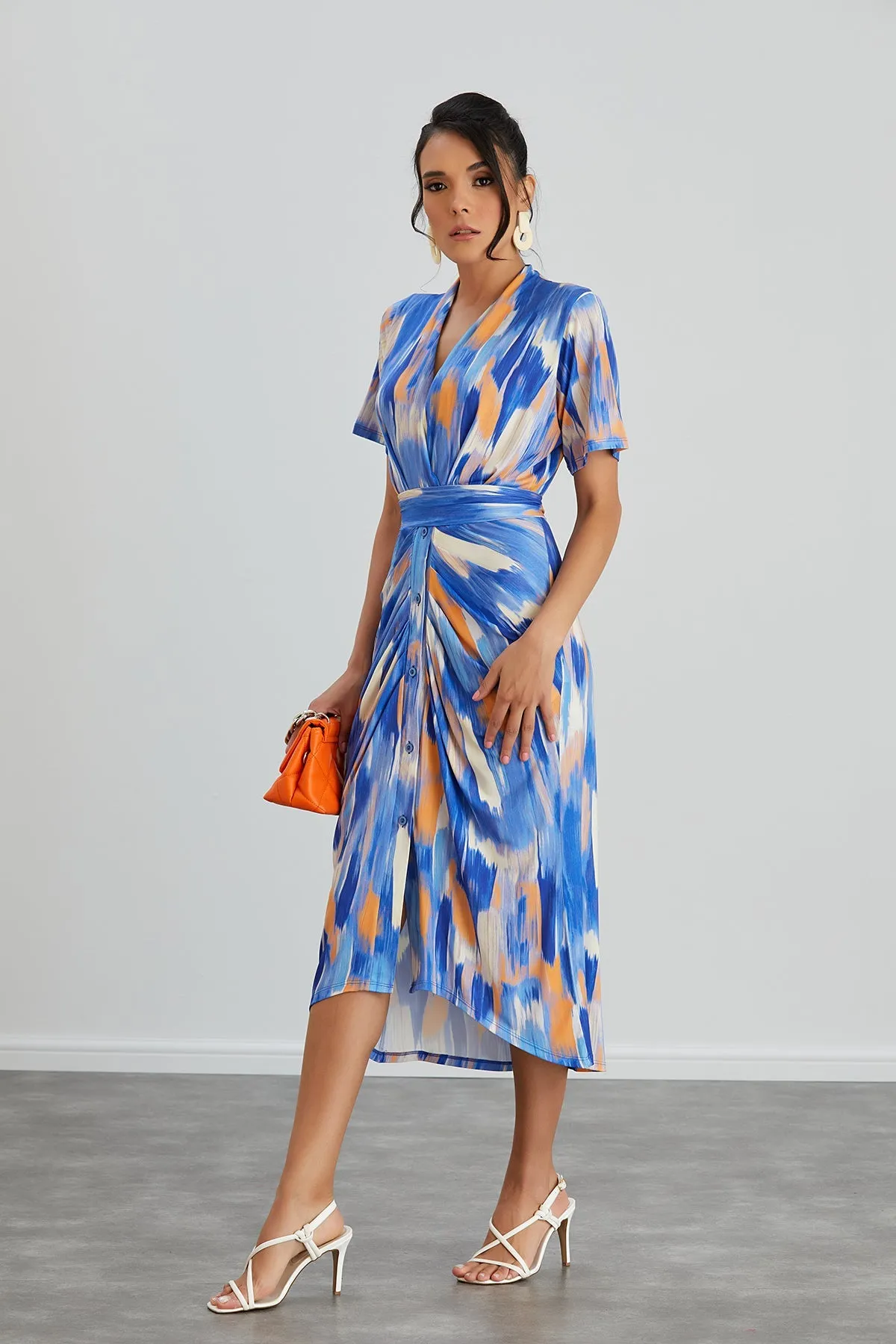 Angel Sleeve Wrap Shirt Midi Dress in Blue Dream print