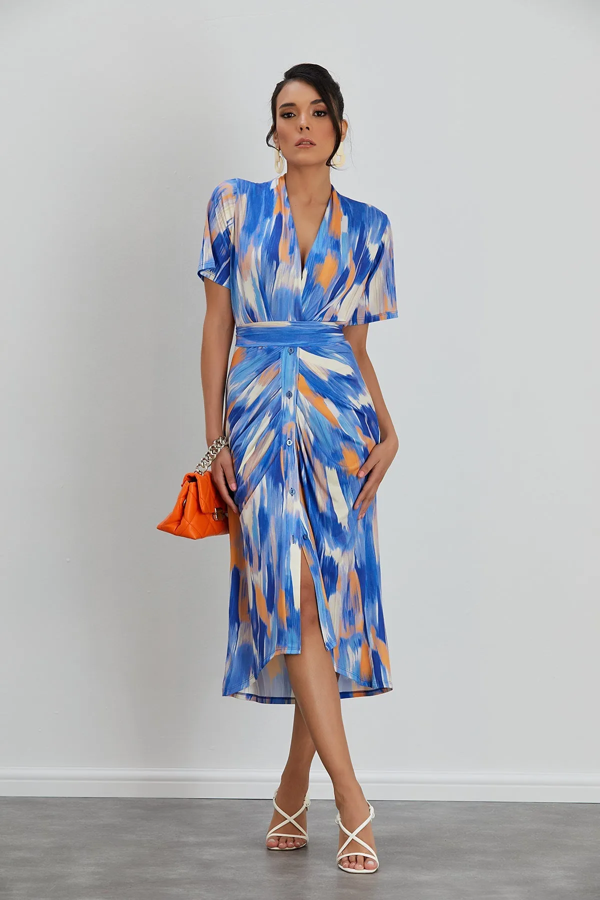 Angel Sleeve Wrap Shirt Midi Dress in Blue Dream print