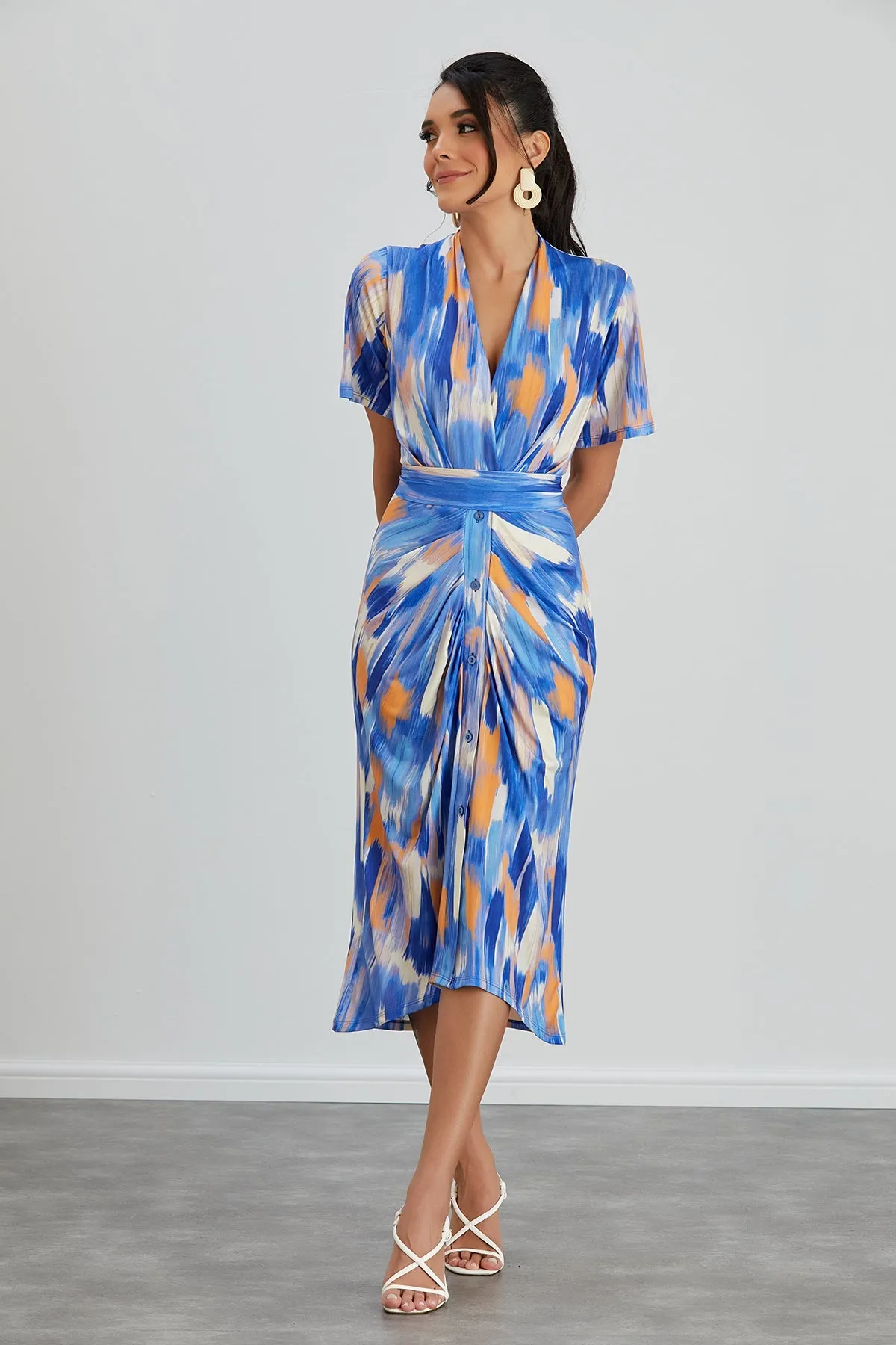 Angel Sleeve Wrap Shirt Midi Dress in Blue Dream print