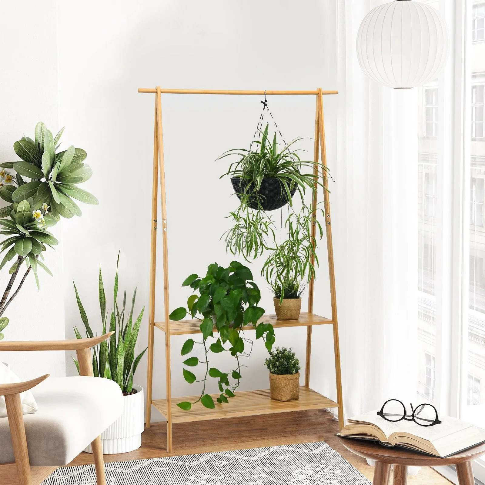 Bamboo Garment Rack with Hanging Rod 2 Shelves and Hooks-Natural
