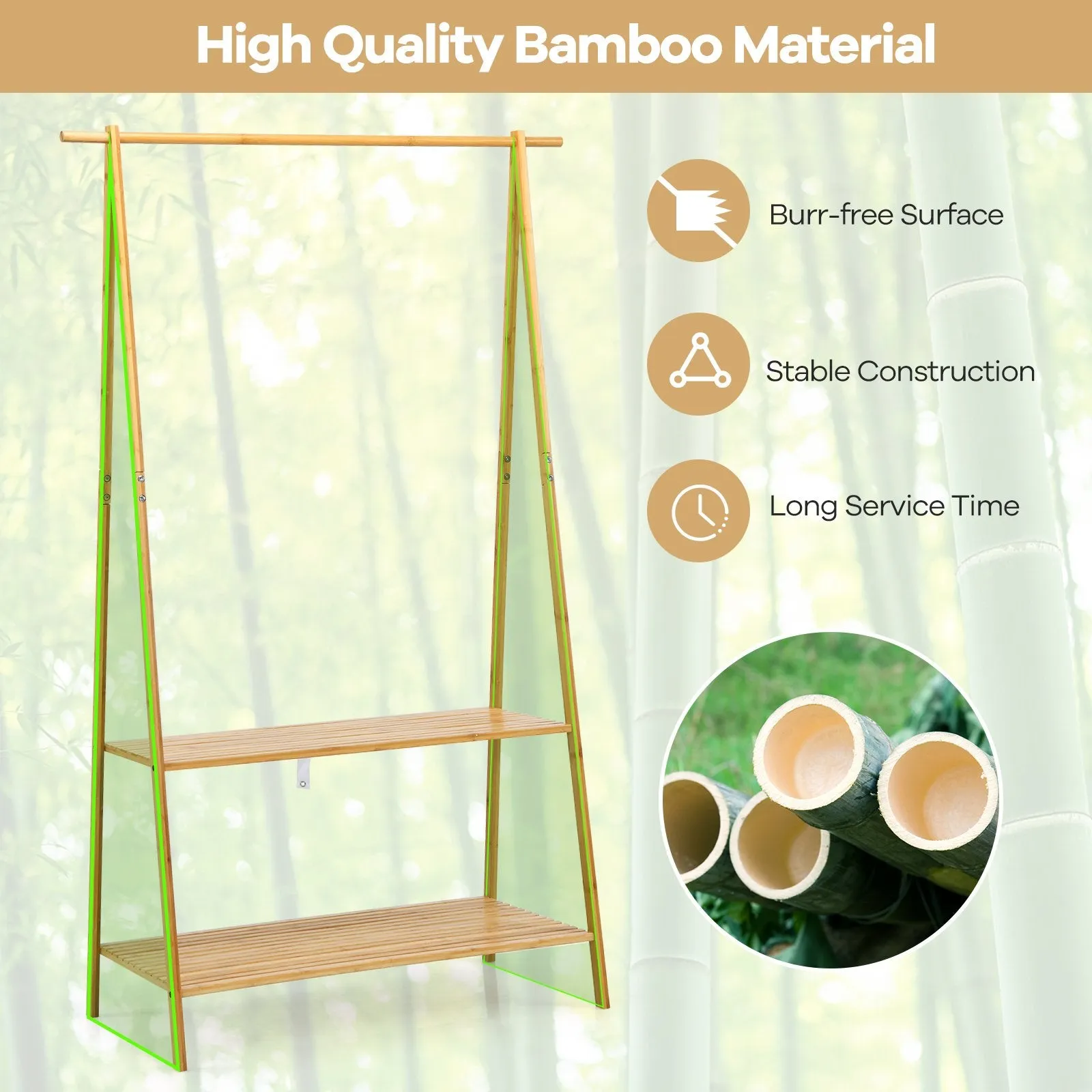 Bamboo Garment Rack with Hanging Rod 2 Shelves and Hooks-Natural