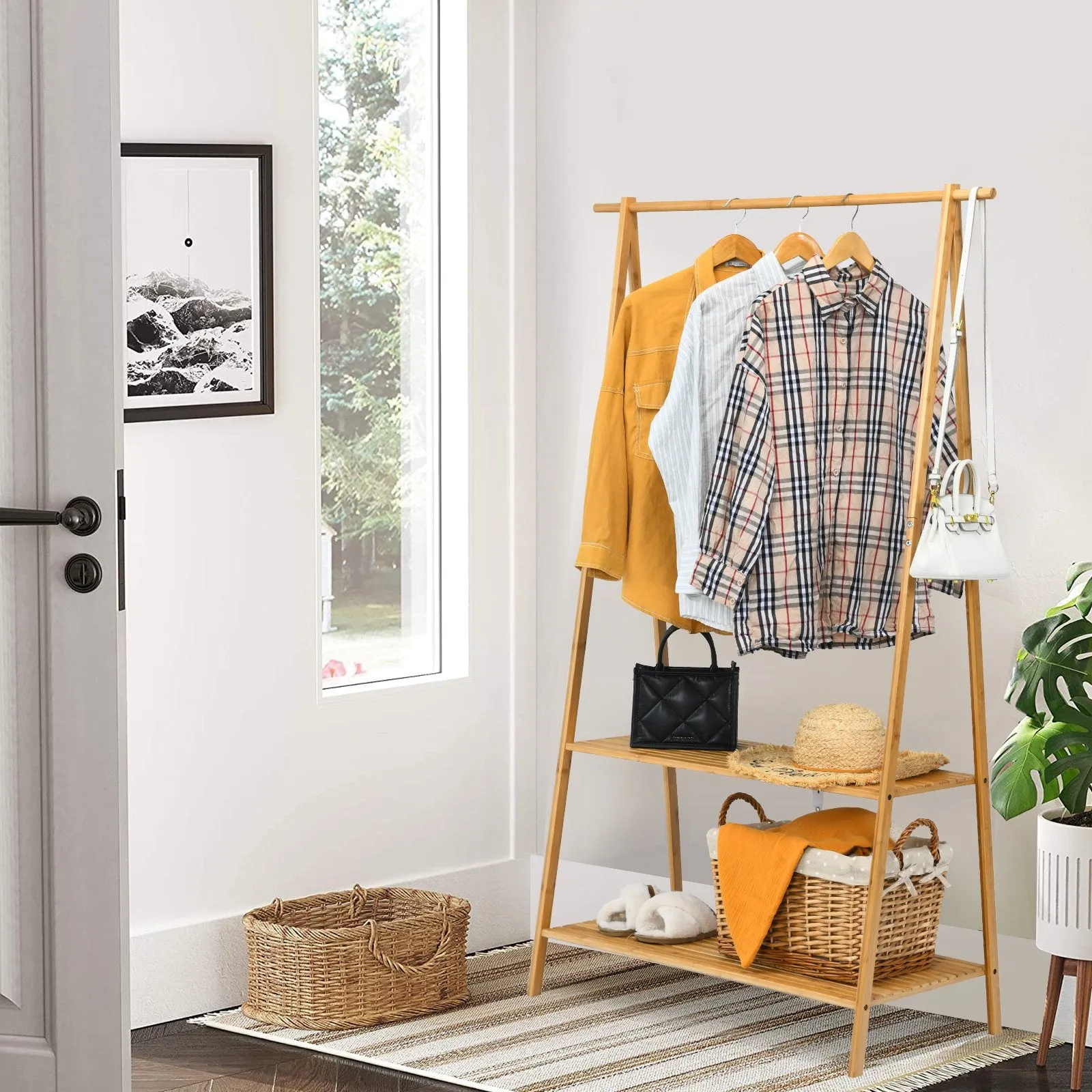 Bamboo Garment Rack with Hanging Rod 2 Shelves and Hooks-Natural