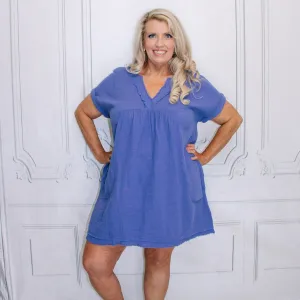 BLUE DOUBLE GAUZE RAW EDGE V-NECK DRESS