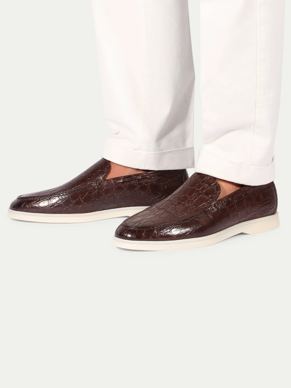 Brown Croc Print Leather Athena Yatch Loafers with White Soles - Summer 2024 Collection