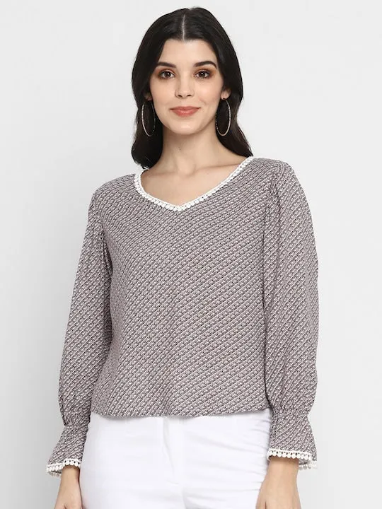 Brown White Geometric Print Pure Cotton Top