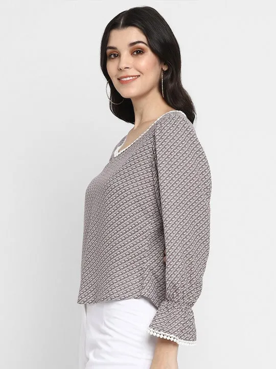 Brown White Geometric Print Pure Cotton Top