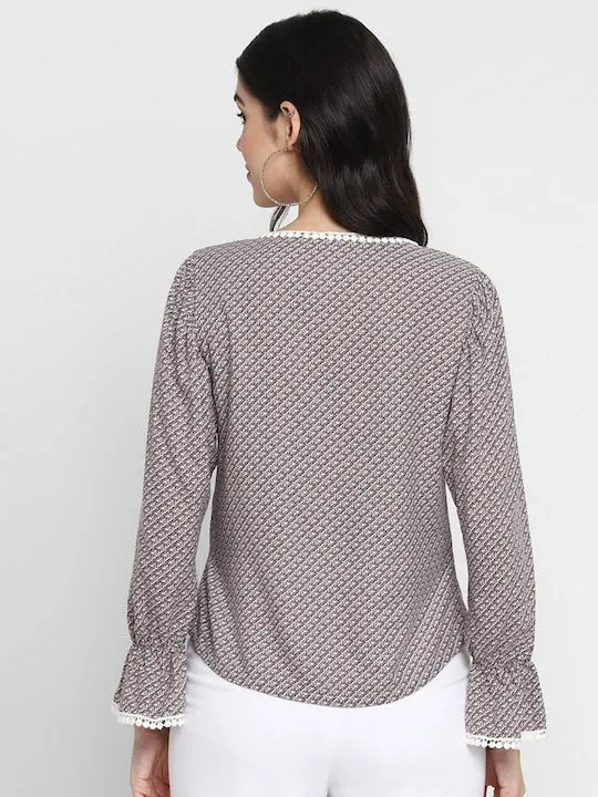 Brown White Geometric Print Pure Cotton Top
