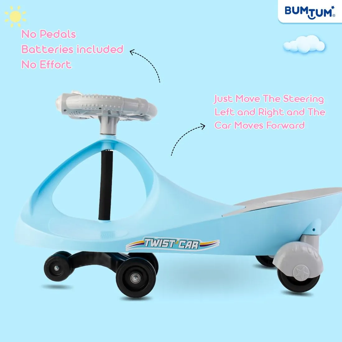 BUMTUM Baby Car, Kids Car, Swing Car for Kids, Car for Kids, Ride On for Kids, Magic Car for Kids, Push Rider Toy Car, Comfortable Seat with Backrest, 360° Rotating Steering with Music & Lights (Blue)