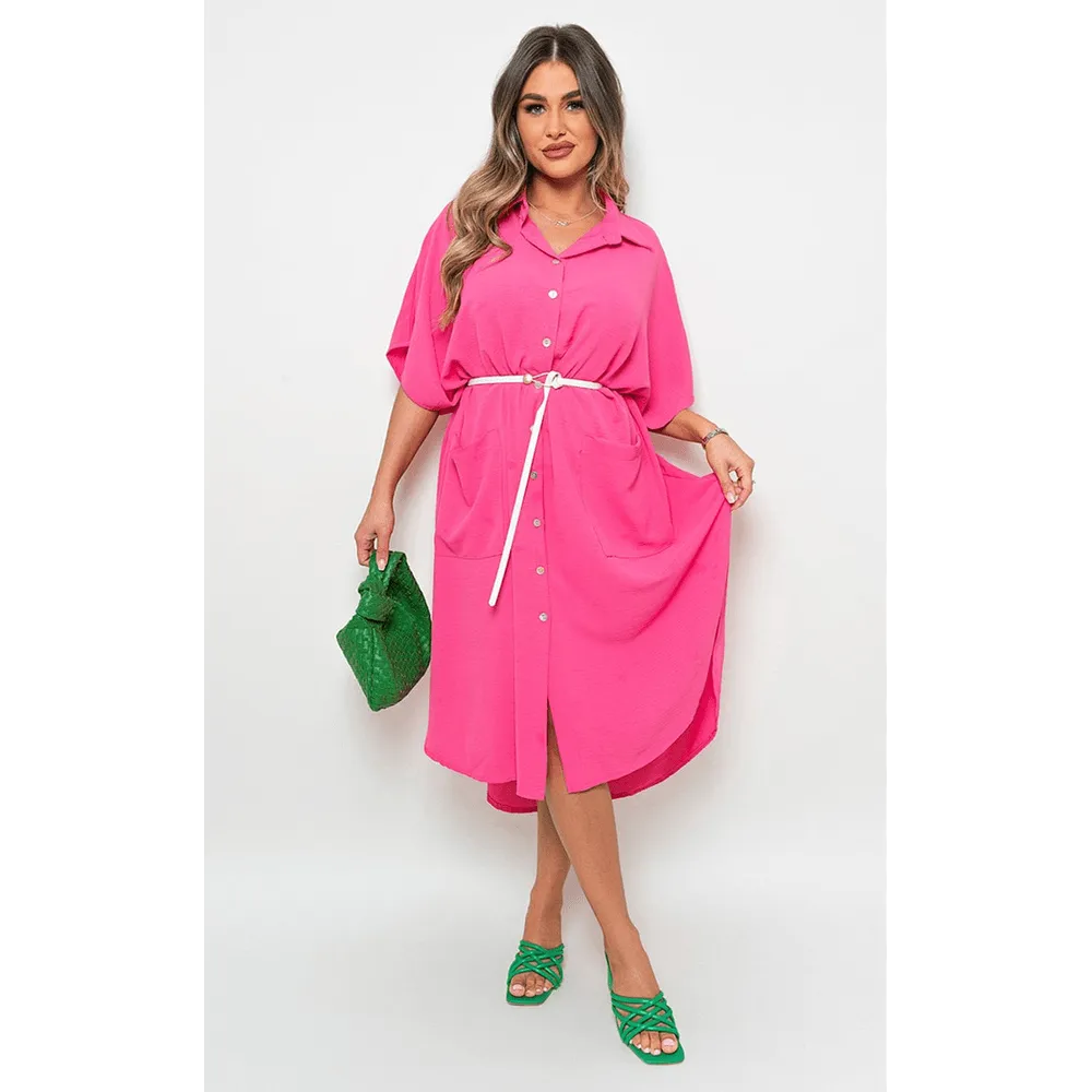 Button Down Collared Midi Dress With Two Front Pockets