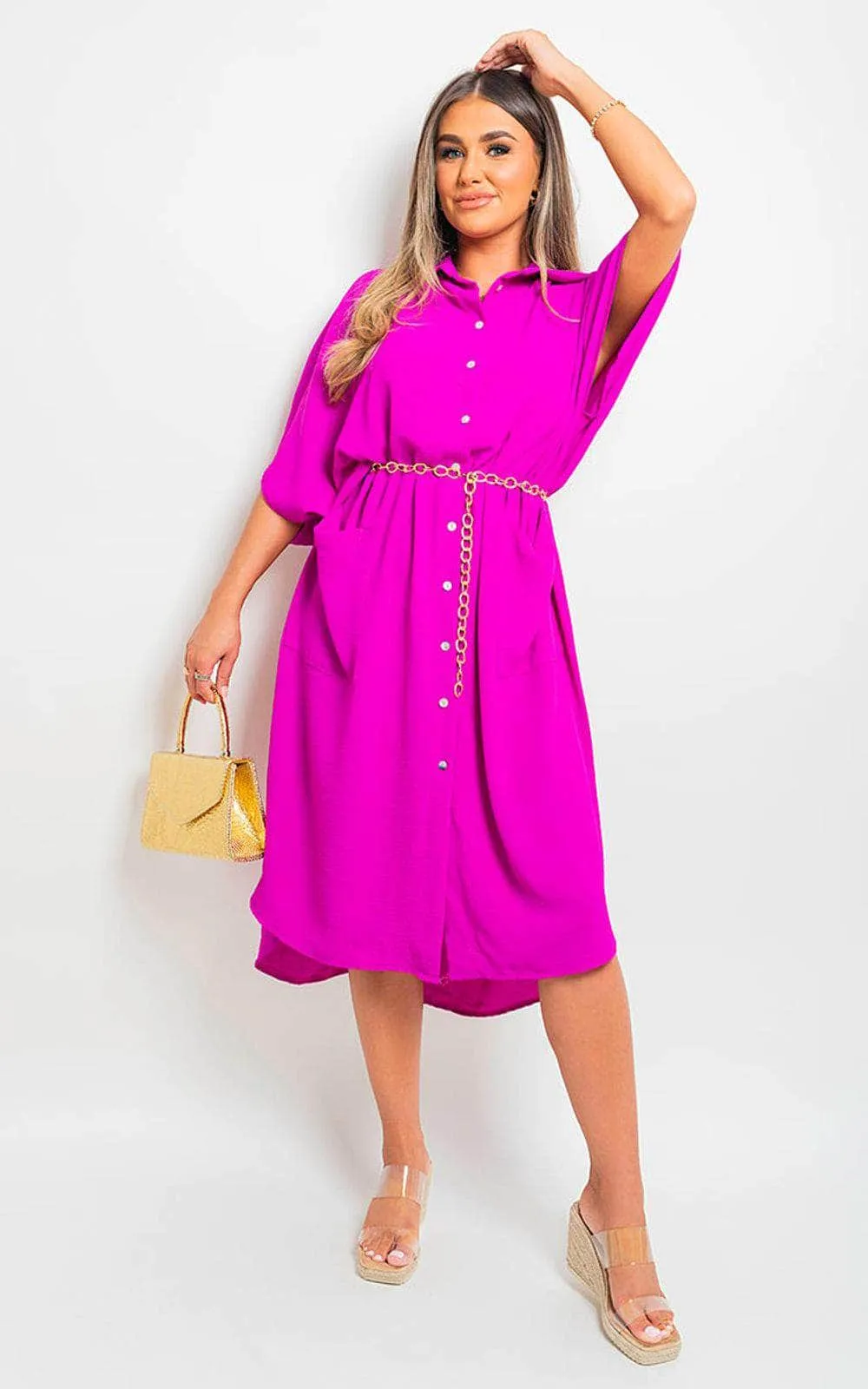 Button Down Collared Midi Dress With Two Front Pockets