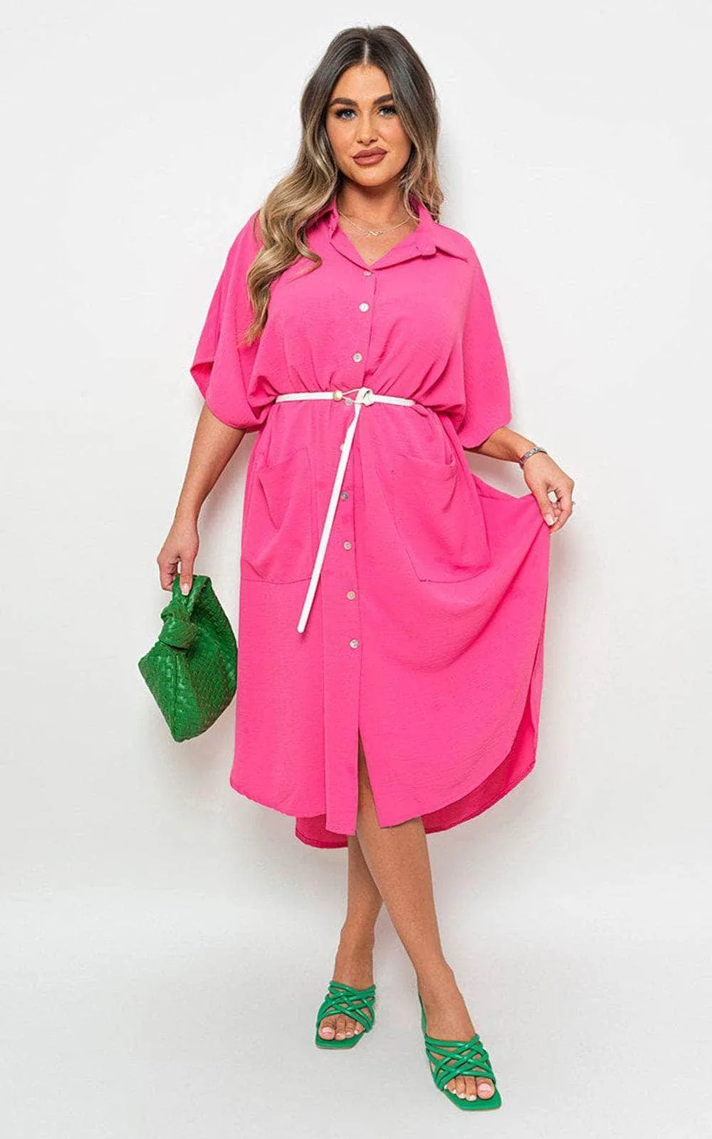 Button Down Collared Midi Dress With Two Front Pockets