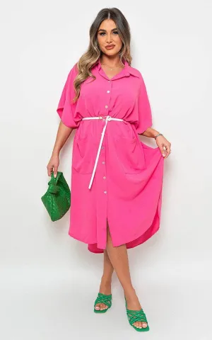 Button Down Collared Midi Dress With Two Front Pockets