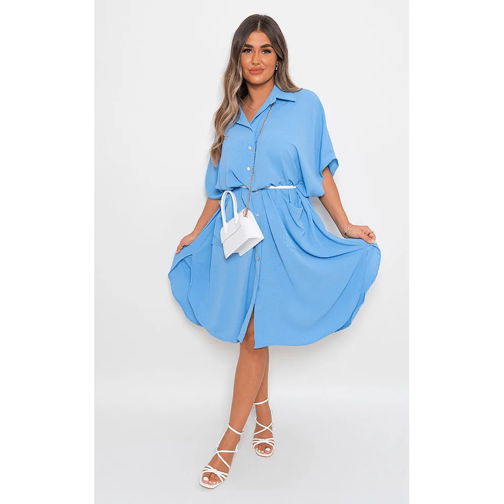 Button Down Collared Midi Dress With Two Front Pockets