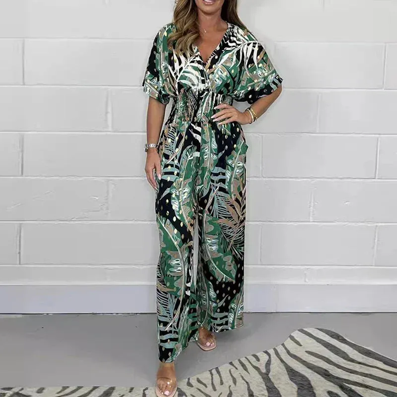 BUY 2 FREE SHIPPINGWomen's Summer Fashion Leaf Print Plus Size Bodysuit with Elastic Waist