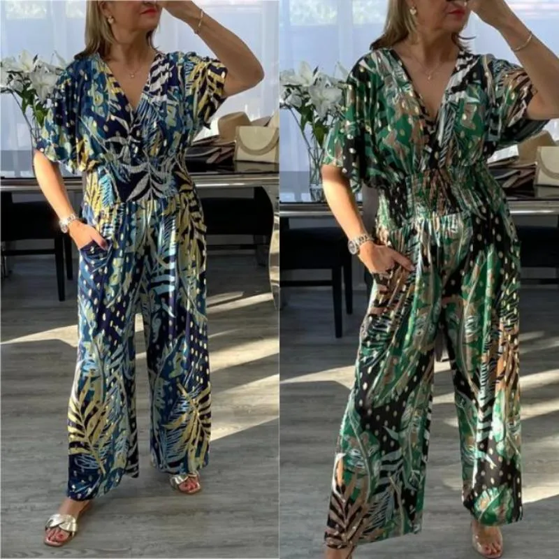BUY 2 FREE SHIPPINGWomen's Summer Fashion Leaf Print Plus Size Bodysuit with Elastic Waist