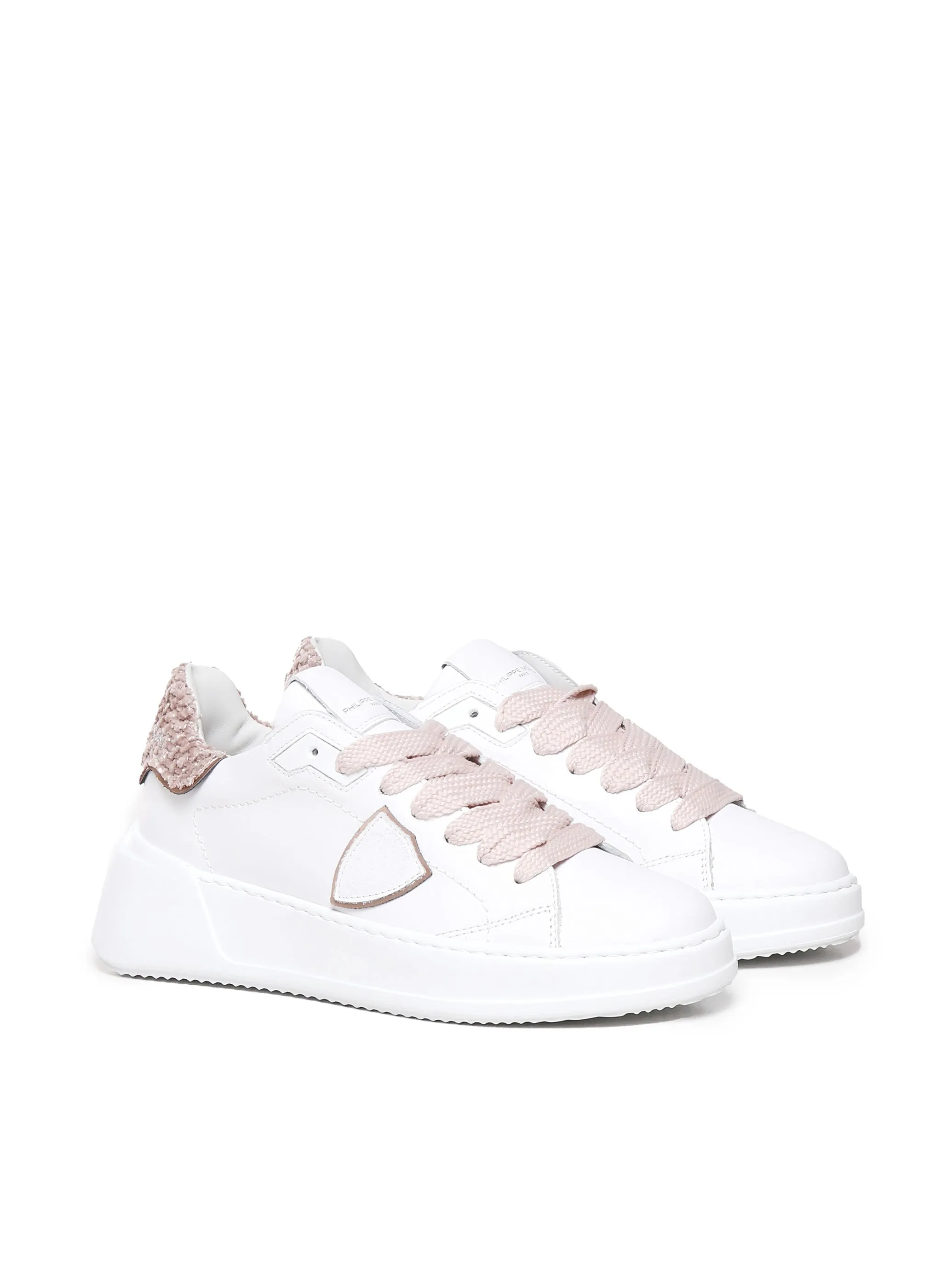 Calf Leather Chenille Sneakers in White and Pink