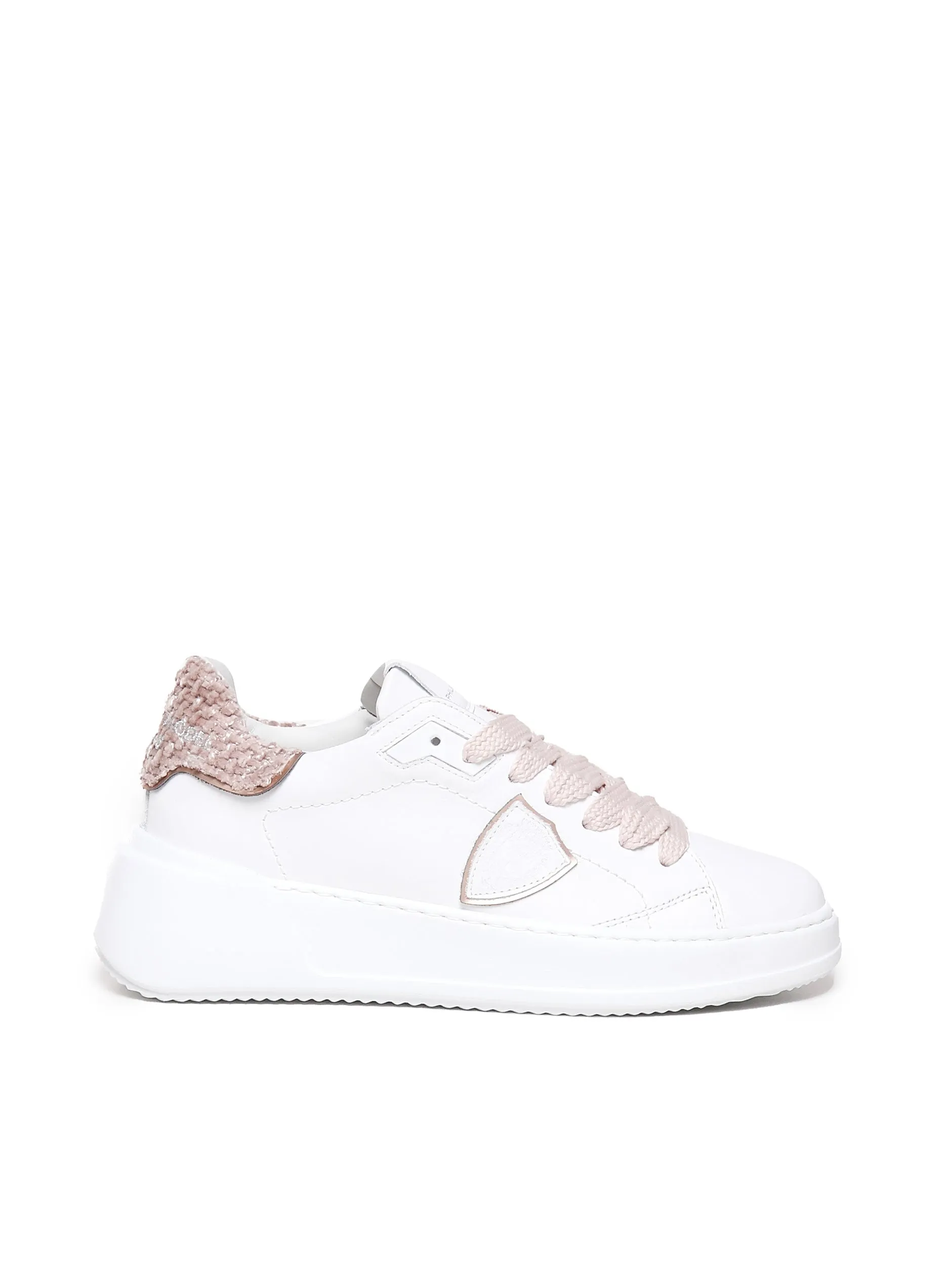 Calf Leather Chenille Sneakers in White and Pink