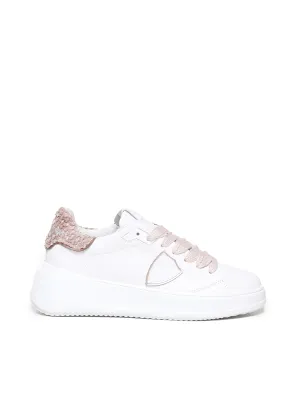 Calf Leather Chenille Sneakers in White and Pink