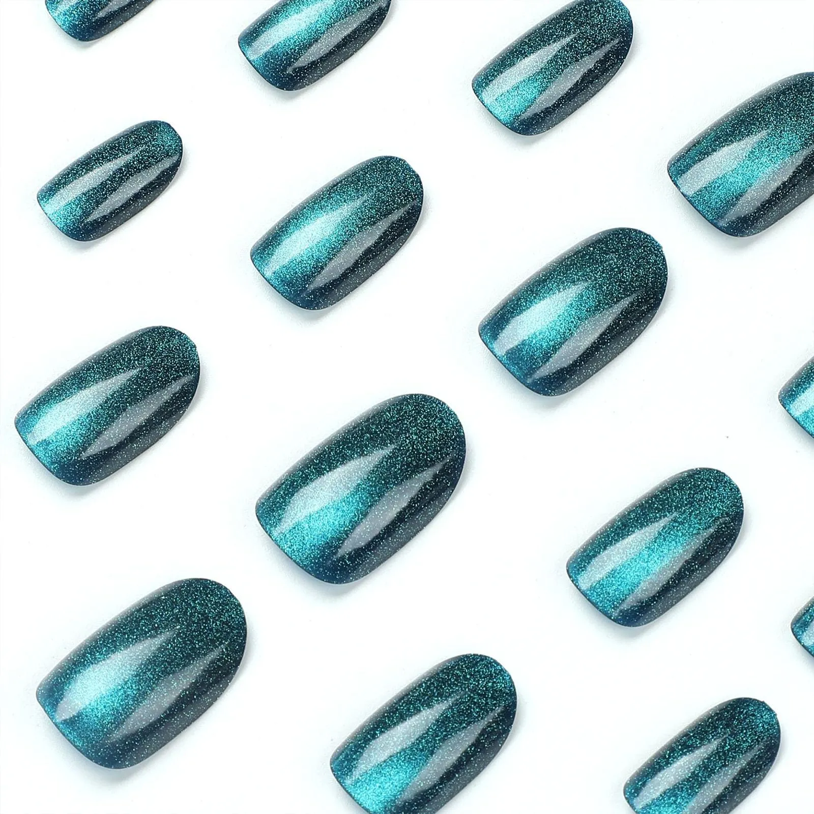 Cat Eye Press on Nails Short Oval Fake Nails Acrylic Nails Press ons Dark Blue Bling Full Cover Glue on Nails Glossy Artificia Stick on Nails for Women Girls Manicure 24 Pcs