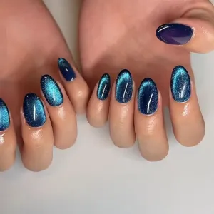 Cat Eye Press on Nails Short Oval Fake Nails Acrylic Nails Press ons Dark Blue Bling Full Cover Glue on Nails Glossy Artificia Stick on Nails for Women Girls Manicure 24 Pcs
