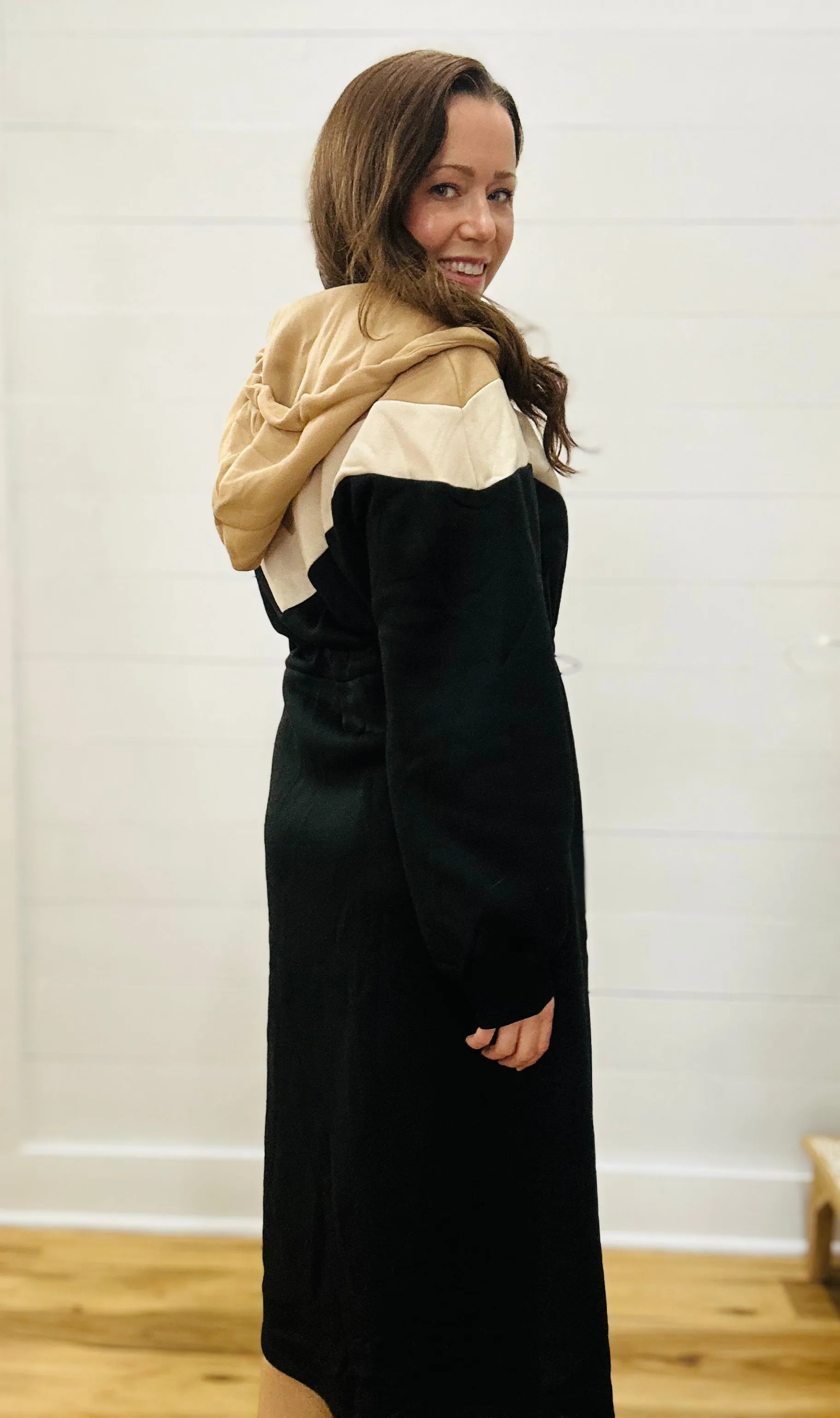 Color-block Hoodie Midi Dress in Black and Neutral Tones