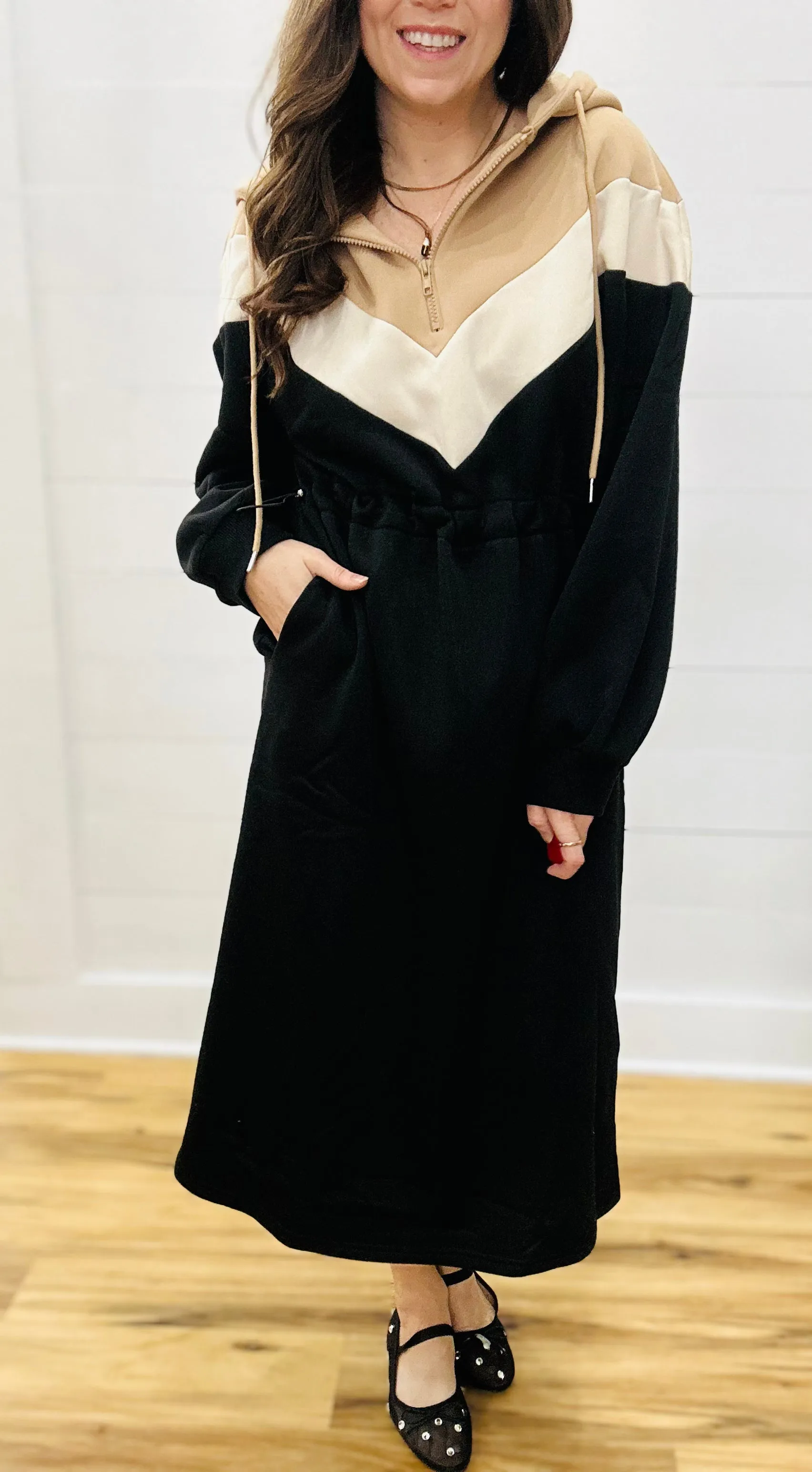 Color-block Hoodie Midi Dress in Black and Neutral Tones