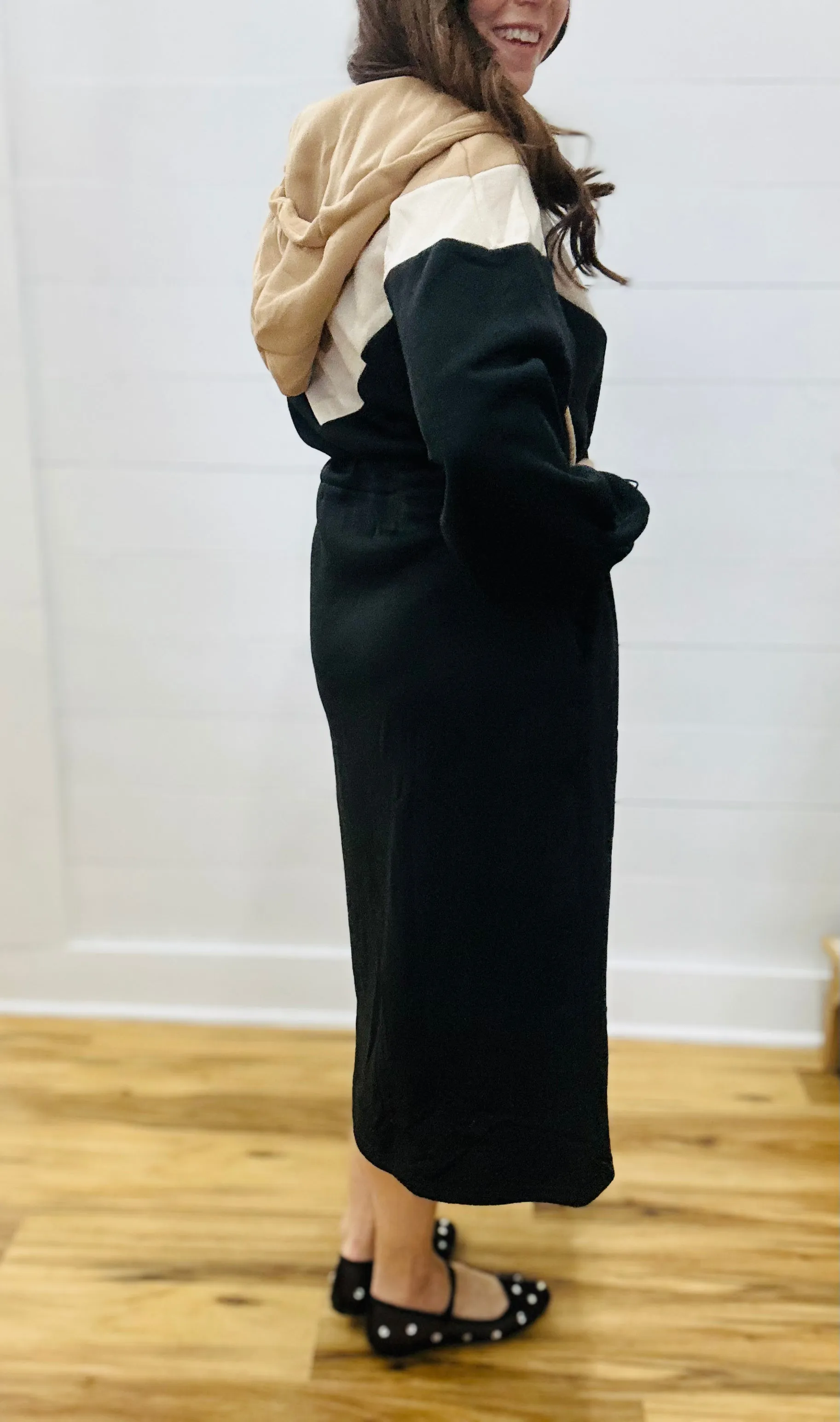 Color-block Hoodie Midi Dress in Black and Neutral Tones