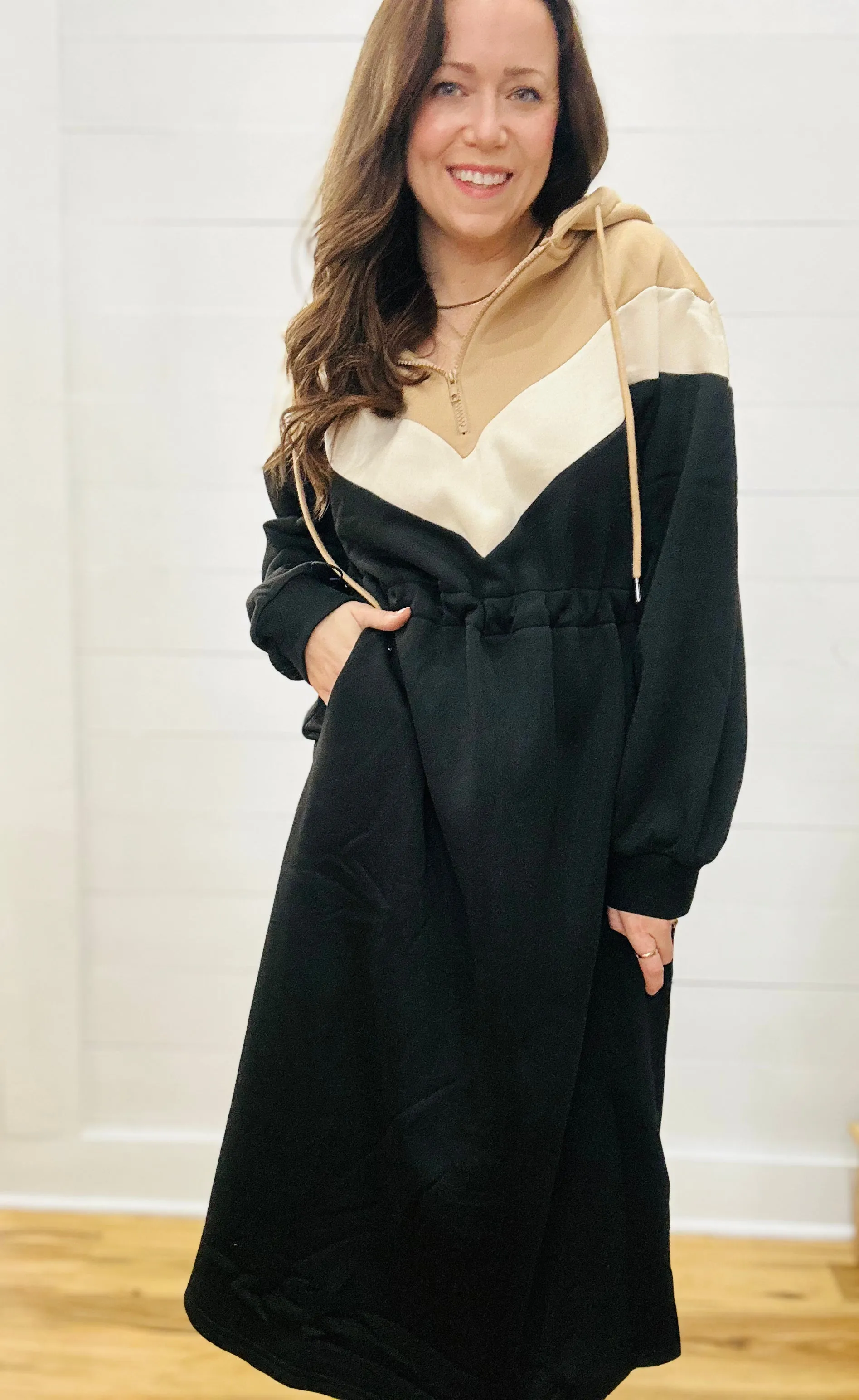 Color-block Hoodie Midi Dress in Black and Neutral Tones