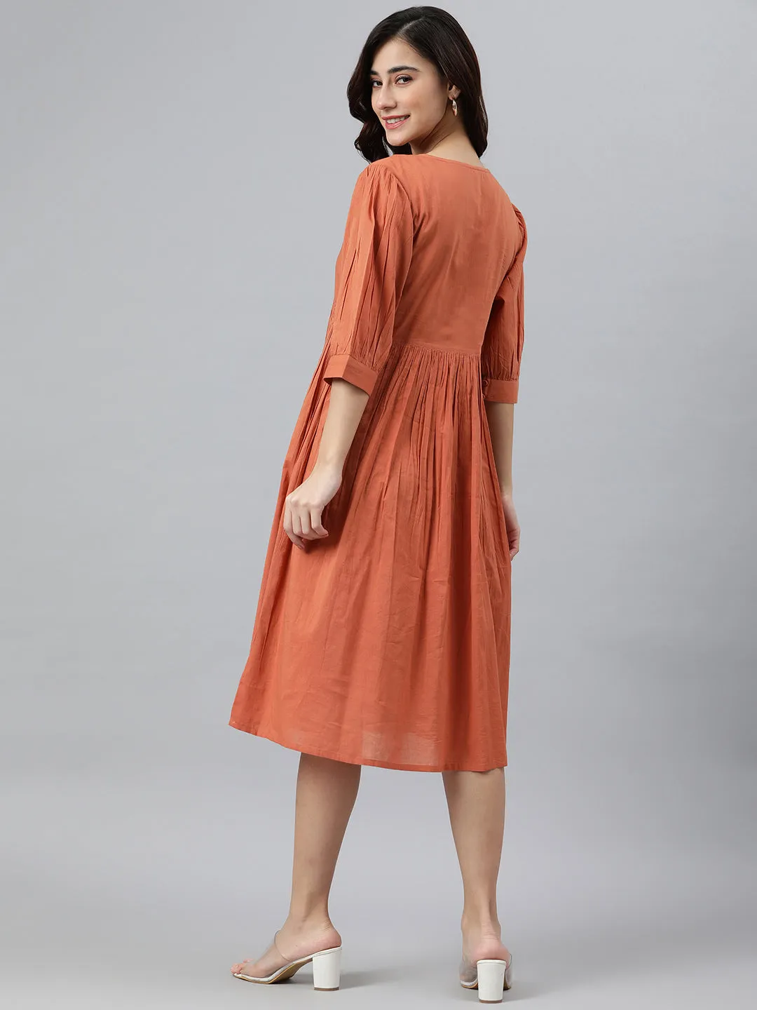 Coral Orange Cotton Western Dress