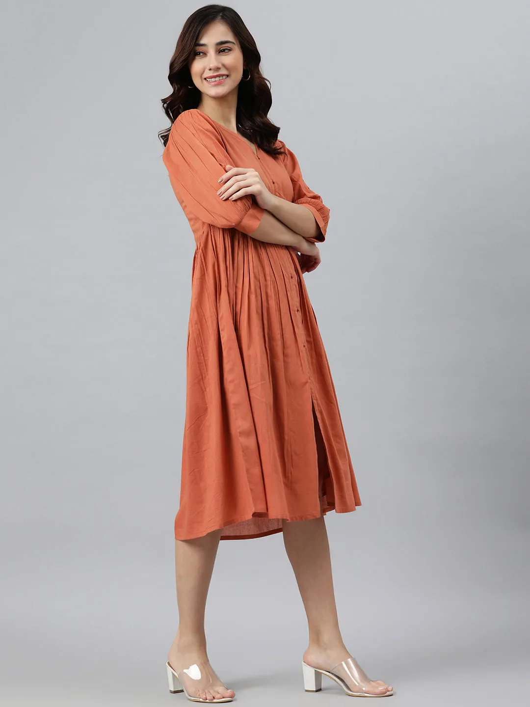 Coral Orange Cotton Western Dress