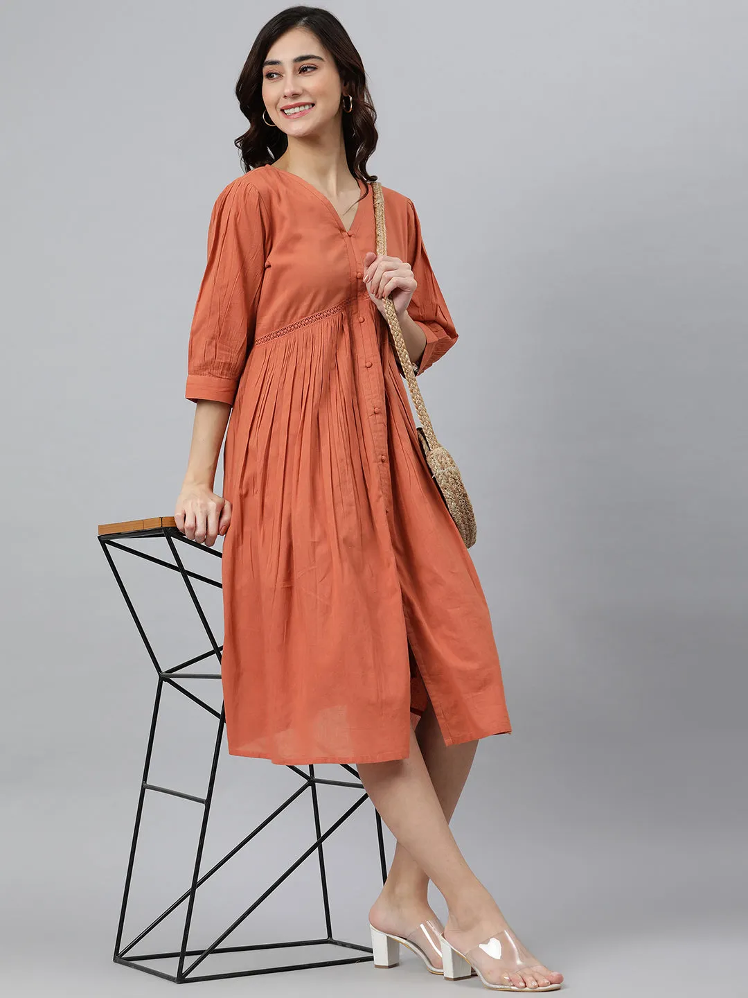 Coral Orange Cotton Western Dress