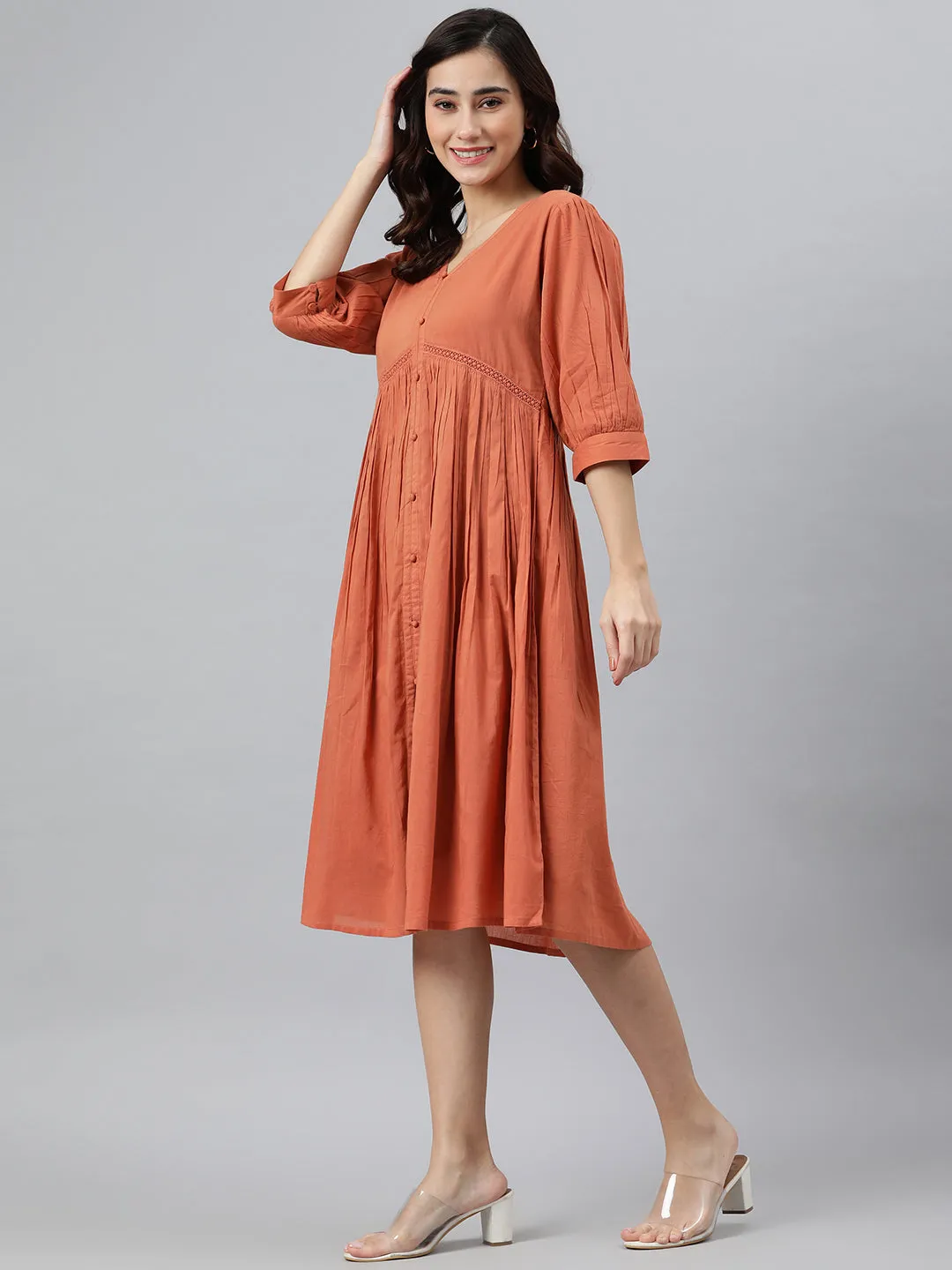 Coral Orange Cotton Western Dress