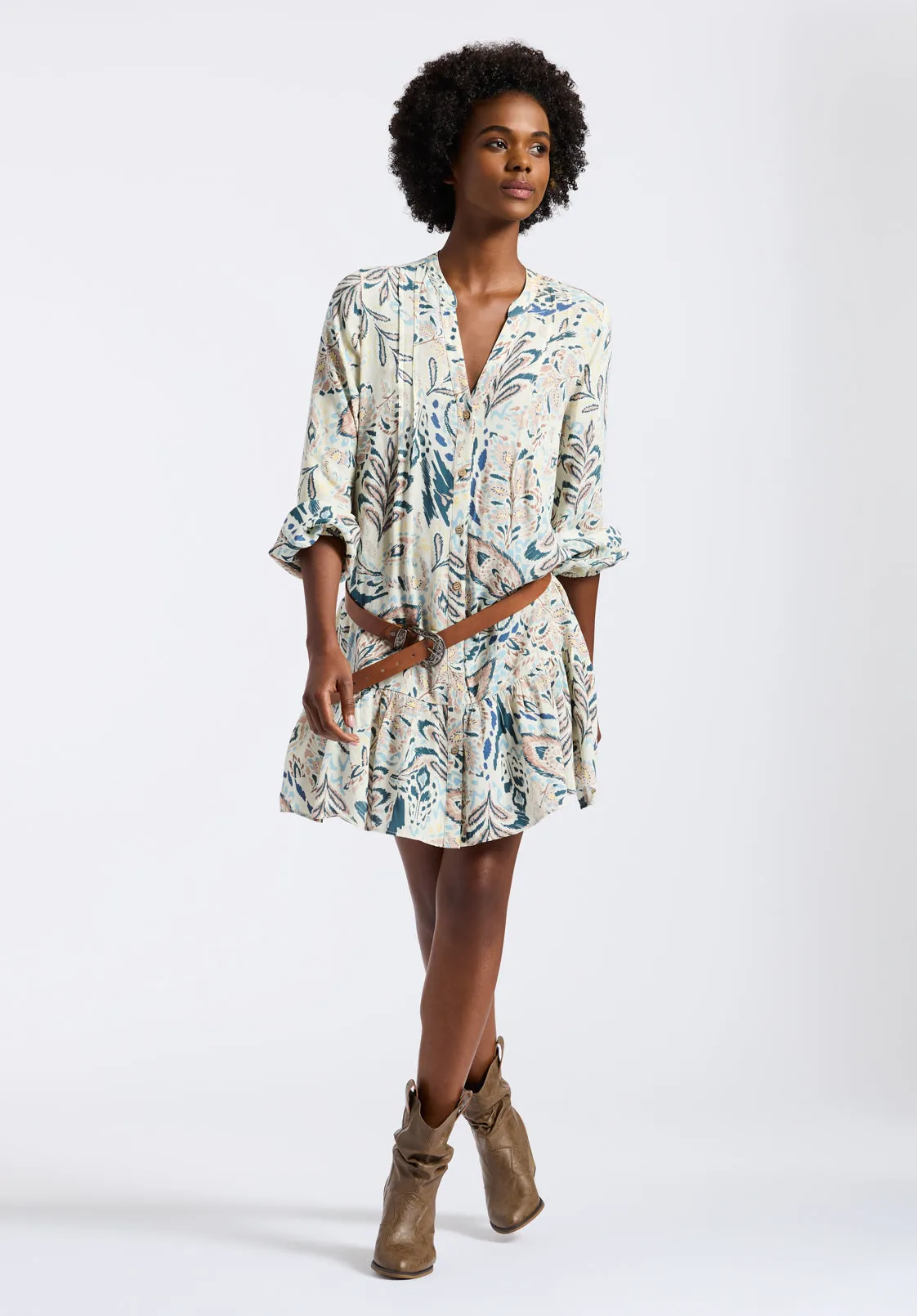 Darya Women's Boho-Print Long-Sleeve Tiered Short Dress, Paisley - WD0089P