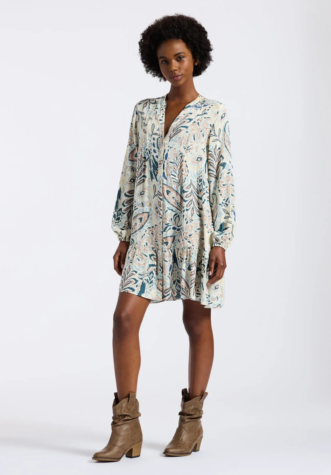 Darya Women's Boho-Print Long-Sleeve Tiered Short Dress, Paisley - WD0089P
