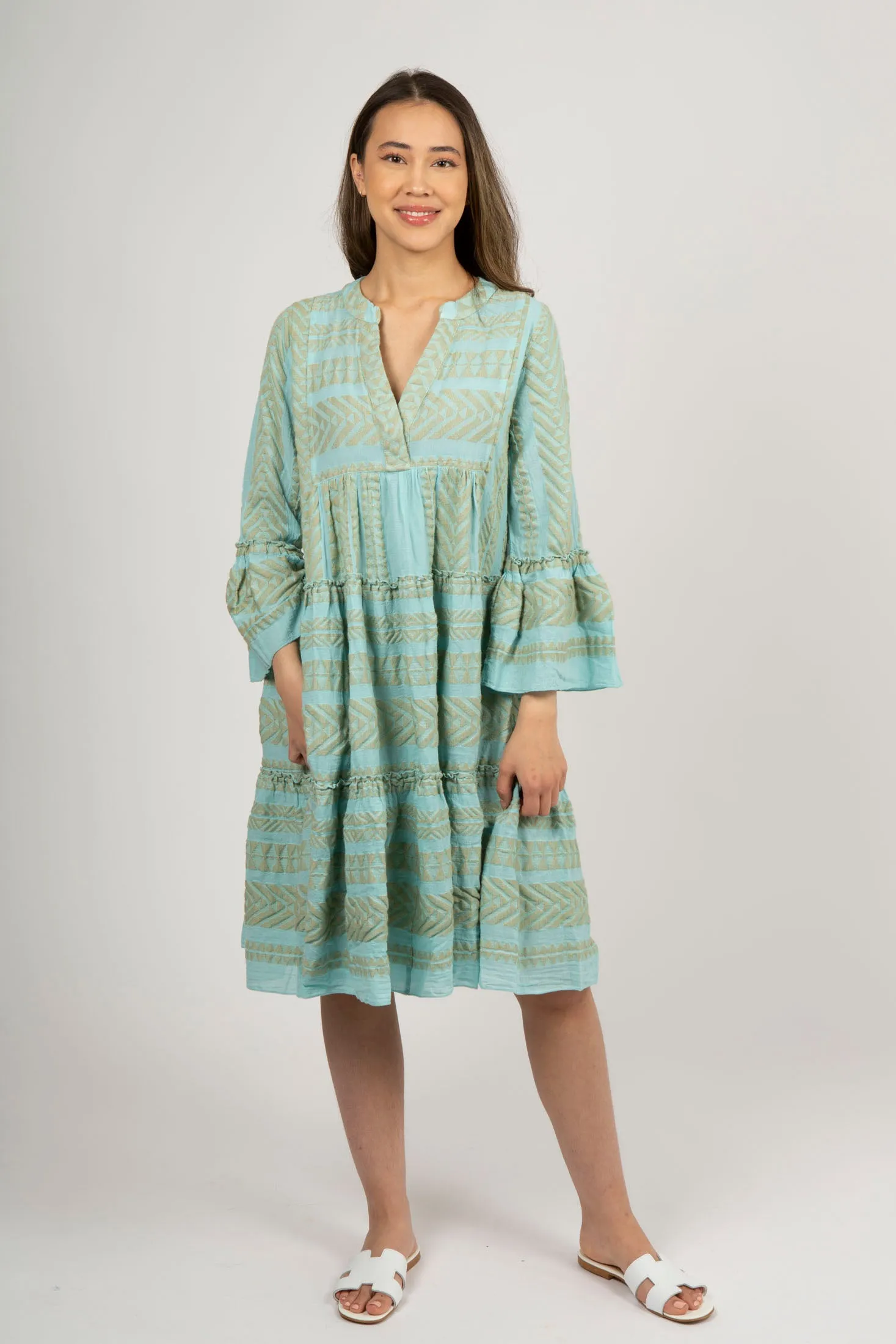 Ella Midi Dress - Beige/Light Blue