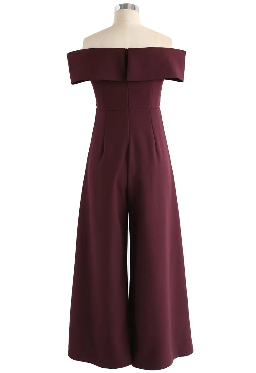 Eternal Sweet Cross Breast Off-Shoulder Jumpsuit In Wine